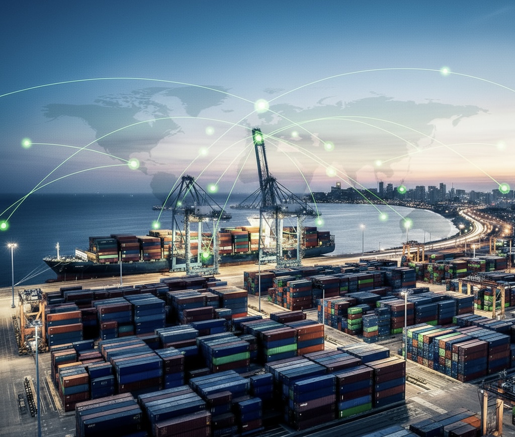 Vista panorámica de un puerto marítimo con contenedores apilados y grúas, con líneas de conexión global representando redes logísticas.